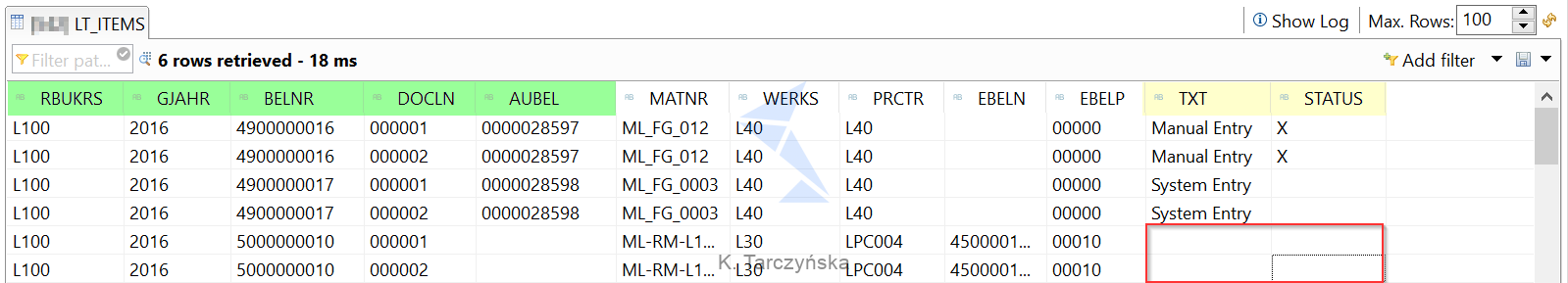 LT_ITEMS table (missing data)